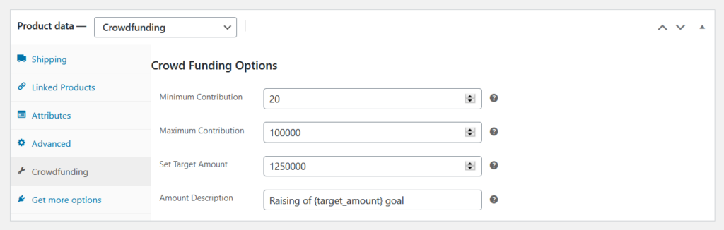 crowdfunding settings at product page