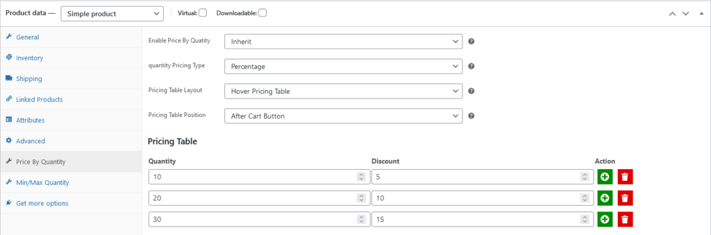 price by quantity at product level